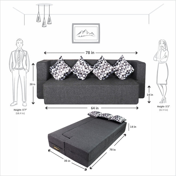 Flipper X Sofa Cum Bed - 4  Seater, Printed Cushion ( Jute Fabric, Dark Grey )