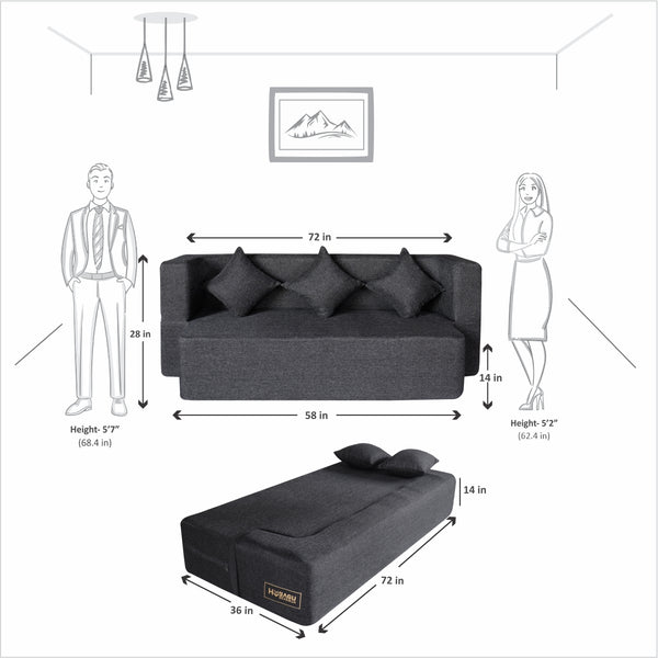 Flipper X Sofa Cum Bed - 3 Seater, Plain Cushion ( Jute Fabric, Dark Grey )