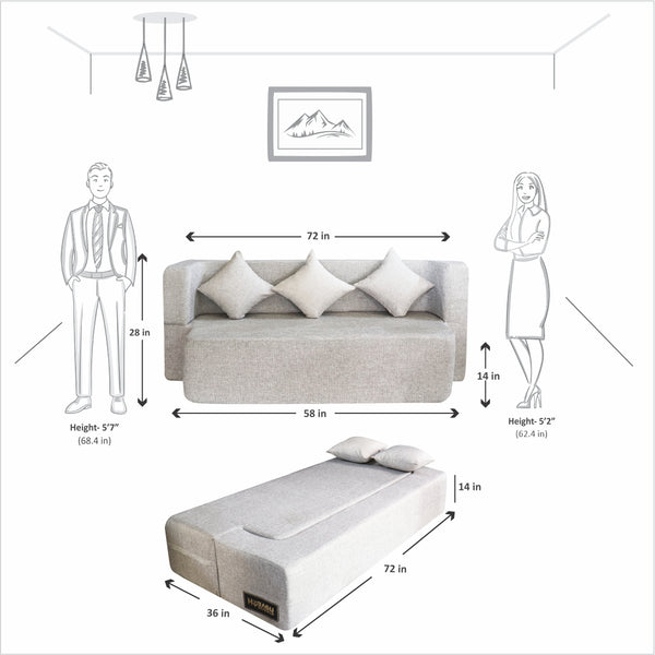 Flipper X Sofa Cum Bed - 3 Seater, Plain Cushion ( Jute Fabric, Light Grey )