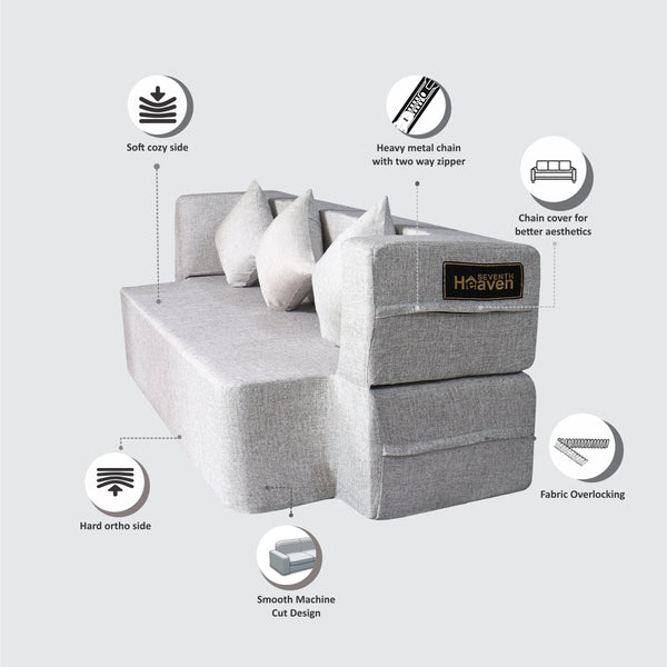 Flipper X Sofa Cum Bed - 3 Seater, Plain Cushion ( Jute Fabric, Light Grey )