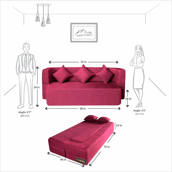 Flipper X Sofa Cum Bed - 3 Seater, Plain Cushion ( Jute Fabric, Maroon )
