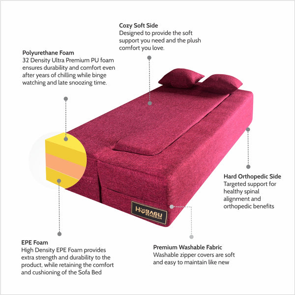 Flipper X Sofa Cum Bed - 3 Seater, Plain Cushion ( Jute Fabric, Maroon )