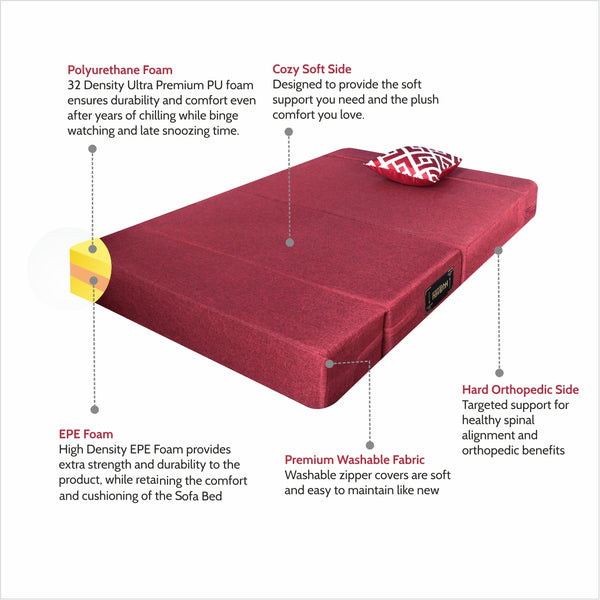 Rejoice Sofa Cum Bed - 1 Seater, Printed Cushion  ( Jute Fabric, Maroon )