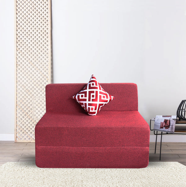 Rejoice Sofa Cum Bed - 1 Seater, Printed Cushion  ( Jute Fabric, Maroon )