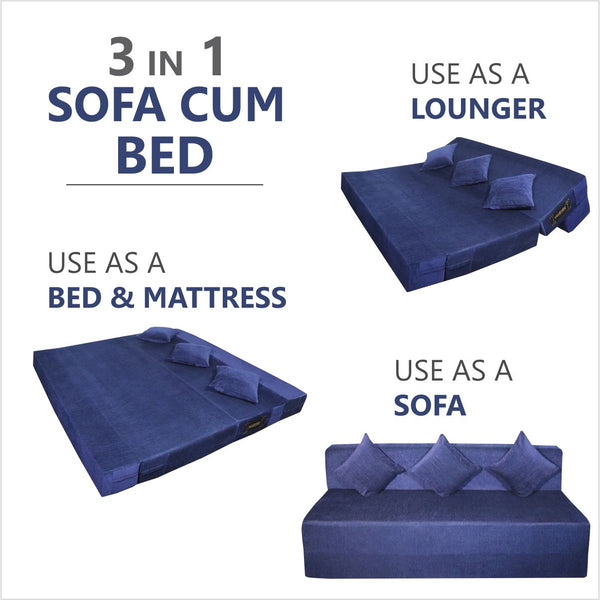 Rejoice Sofa Cum Bed - 4 Seater, Plain Cushion ( Premium Molfino Fabric, Blue )