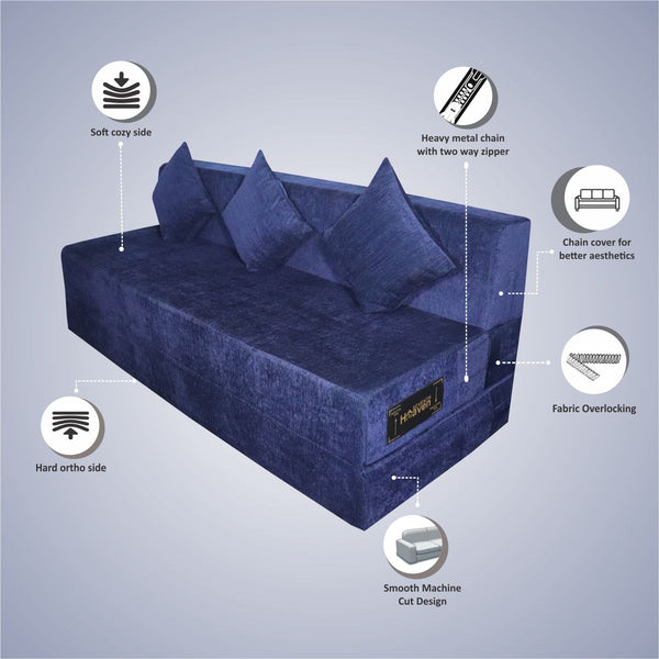 Rejoice Sofa Cum Bed - 4 Seater, Plain Cushion ( Premium Molfino Fabric, Blue )