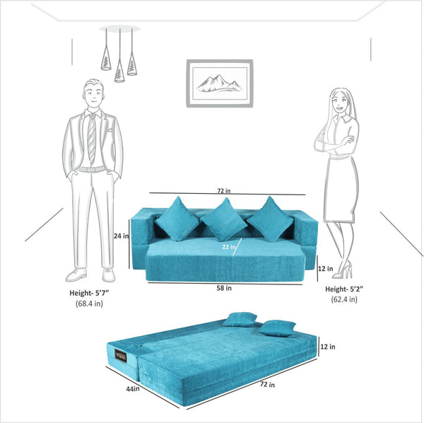 Flipper X Sofa Cum Bed (Memory Foam)- 3 Seater, Plain Cushions ( Premium Molfino Fabric- Sky Blue )