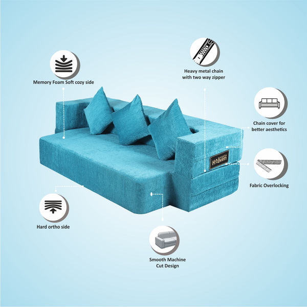 Flipper X Sofa Cum Bed (Memory Foam)- 3 Seater, Plain Cushions ( Premium Molfino Fabric- Sky Blue )