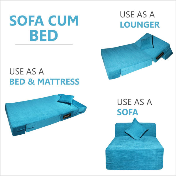 Rejoice Sofa Cum Bed - 1 Seater, Plain Cushion ( Premium Molfino Fabric, Sky Blue )