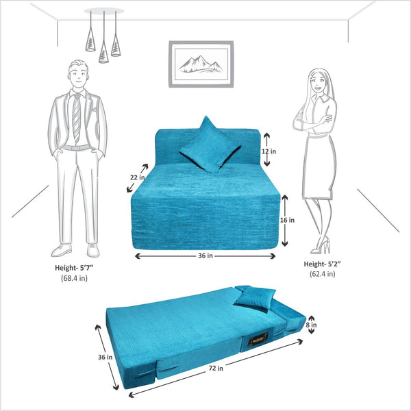 Rejoice Sofa Cum Bed - 1 Seater, Plain Cushion ( Premium Molfino Fabric, Sky Blue )