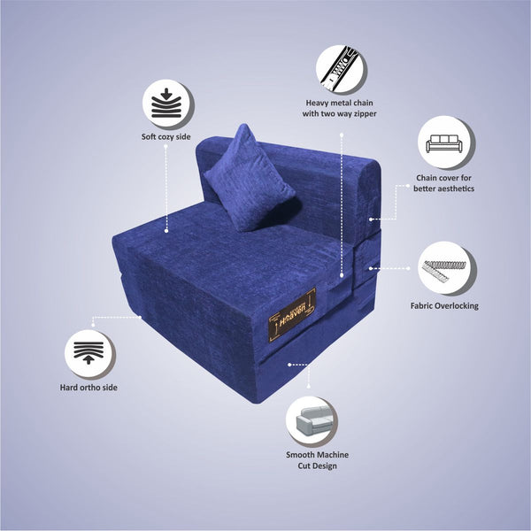 Rejoice Sofa Cum Bed - 1 Seater, Plain Cushion ( Premium Molfino Fabric, Blue )