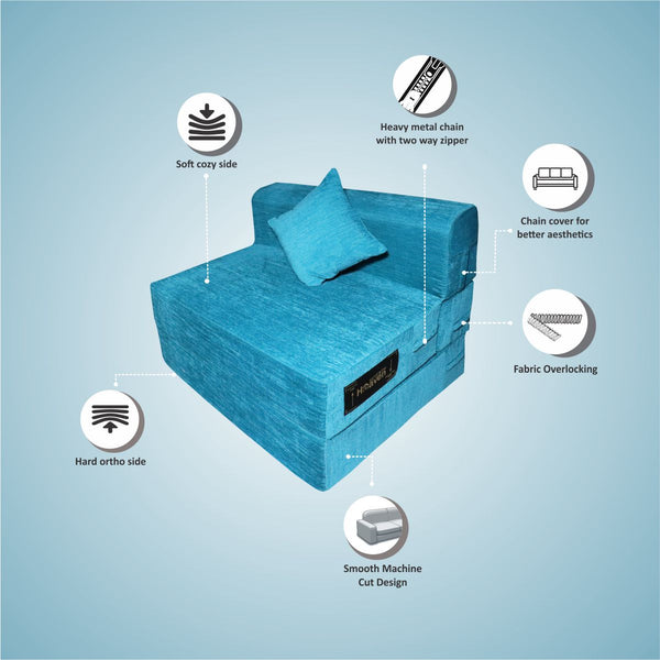Rejoice Sofa Cum Bed - 1 Seater, Plain Cushion ( Premium Molfino Fabric, Sky Blue )