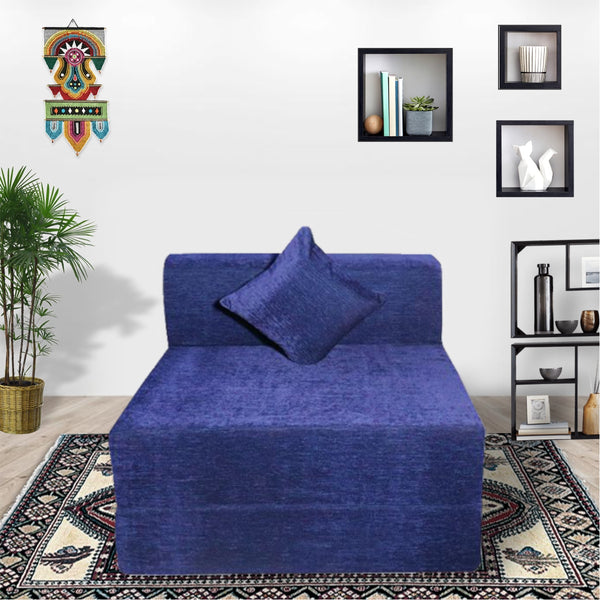 Rejoice Sofa Cum Bed - 1 Seater, Plain Cushion ( Premium Molfino Fabric, Blue )