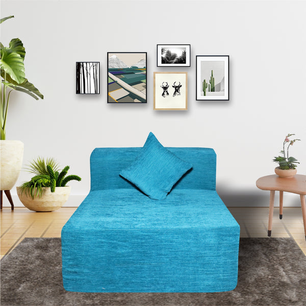 Rejoice Sofa Cum Bed - 1 Seater, Plain Cushion ( Premium Molfino Fabric, Sky Blue )