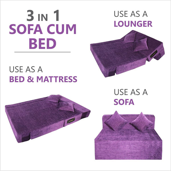 Rejoice Sofa Cum Bed - 2 Seater, Plain Cushion ( Premium Molfino Fabric, Purple )