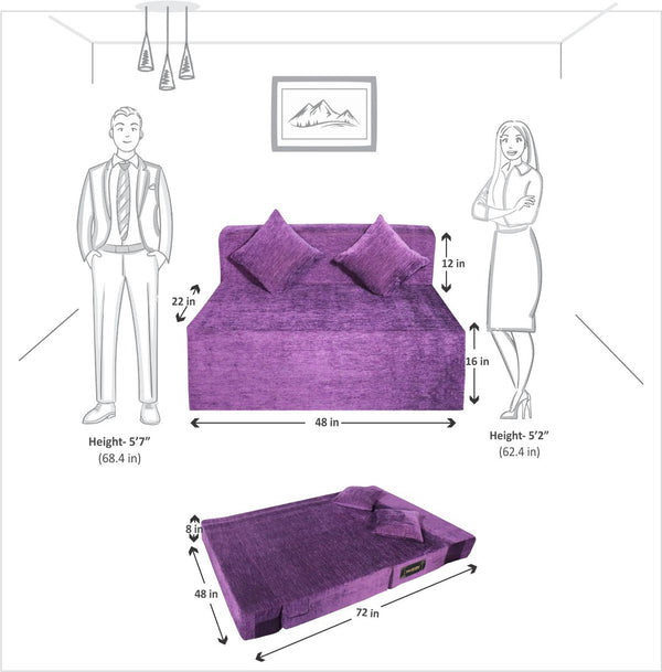 Rejoice Sofa Cum Bed - 2 Seater, Plain Cushion ( Premium Molfino Fabric, Purple )