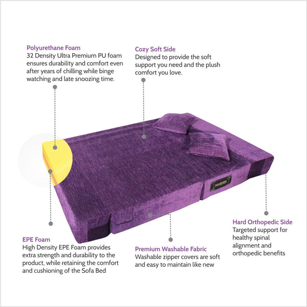 Rejoice Sofa Cum Bed - 2 Seater, Plain Cushion ( Premium Molfino Fabric, Purple )