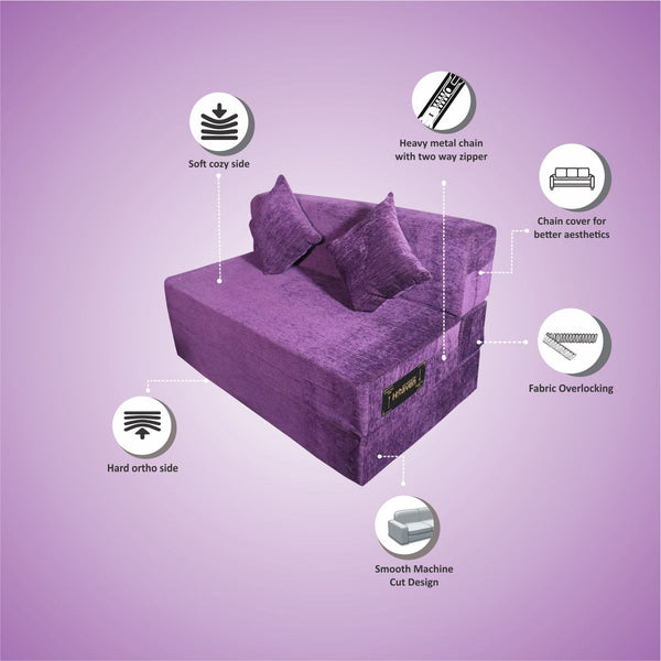 Rejoice Sofa Cum Bed - 2 Seater, Plain Cushion ( Premium Molfino Fabric, Purple )