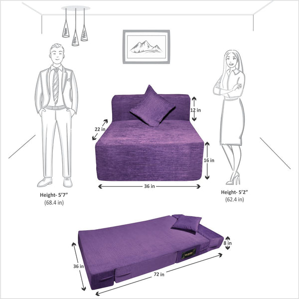 Rejoice Sofa Cum Bed - 1 Seater, Plain Cushion ( Premium Molfino Fabric, Purple )