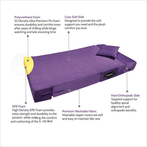 Rejoice Sofa Cum Bed - 1 Seater, Plain Cushion ( Premium Molfino Fabric, Purple )