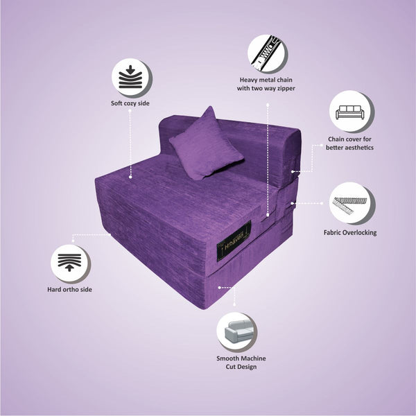 Rejoice Sofa Cum Bed - 1 Seater, Plain Cushion ( Premium Molfino Fabric, Purple )