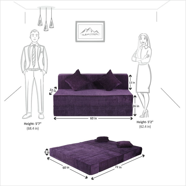 Rejoice Sofa Cum Bed - 3 Seater, Plain Cushion (Premium Molfino Fabric- Purple)