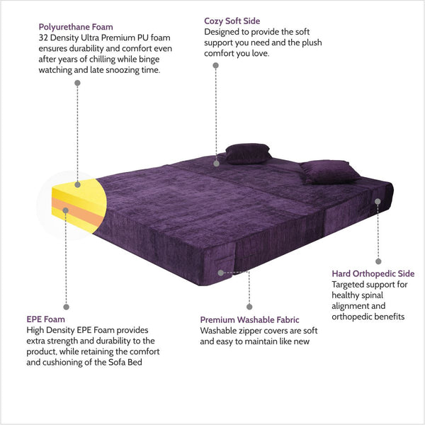 Rejoice Sofa Cum Bed - 3 Seater, Plain Cushion (Premium Molfino Fabric- Purple)