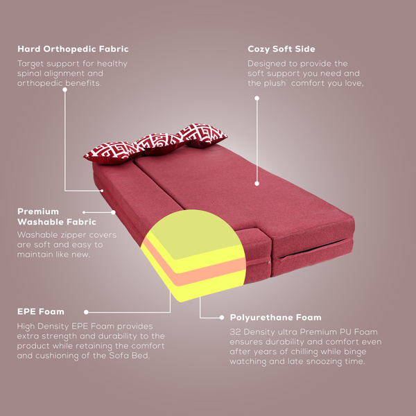 Flipper X Sofa Cum Bed - 4  Seater, Printed Cushion ( Jute Fabric, Maroon )