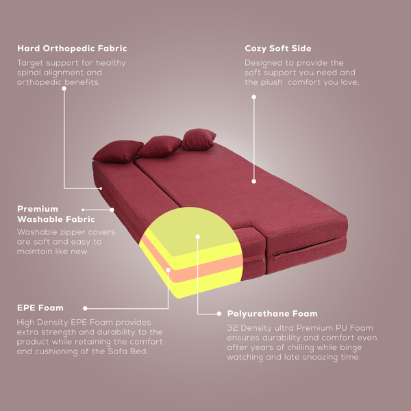 Flipper X Sofa Cum Bed - 4  Seater, Plain Cushion ( Jute Fabric, Maroon )