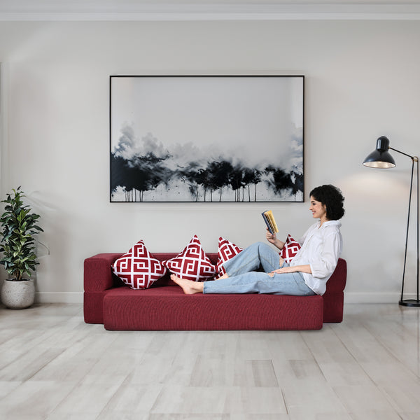 Flipper X Sofa Cum Bed - 4  Seater, Printed Cushion ( Jute Fabric, Maroon )