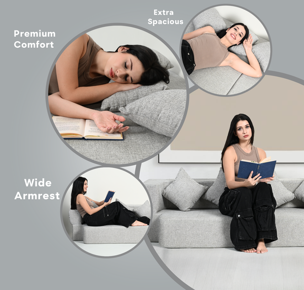 Flipper X Sofa Cum Bed - 4  Seater, Plain Cushion ( Jute Fabric, Light Grey )
