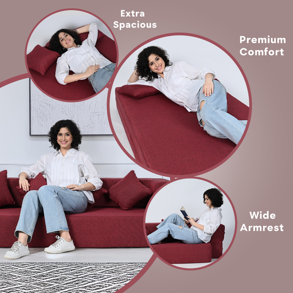Flipper X Sofa Cum Bed - 4  Seater, Plain Cushion ( Jute Fabric, Maroon )