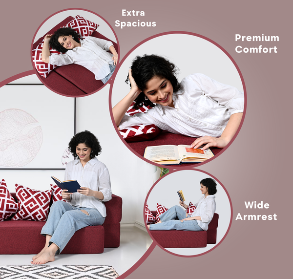 Flipper X Sofa Cum Bed - 4  Seater, Printed Cushion ( Jute Fabric, Maroon )