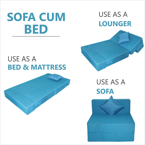 Rejoice Sofa Cum Bed - 1 Seater, Plain Cushion (Jute Fabric- Sky Blue)