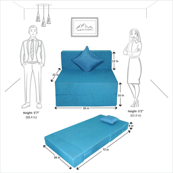 Rejoice Sofa Cum Bed - 1 Seater, Plain Cushion (Jute Fabric- Sky Blue)