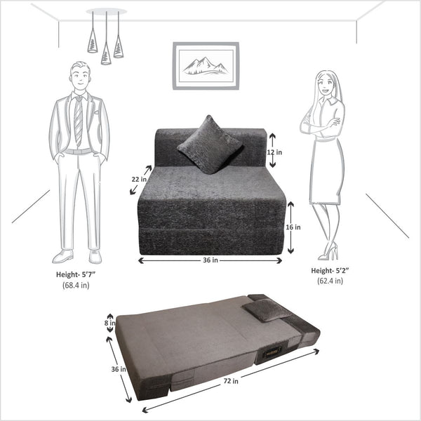 Rejoice Sofa Cum Bed - 1 Seater, Plain Cushion ( Premium Molfino Fabric, Grey )