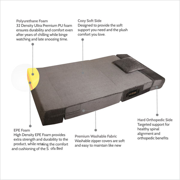 Rejoice Sofa Cum Bed - 1 Seater, Plain Cushion ( Premium Molfino Fabric, Grey )