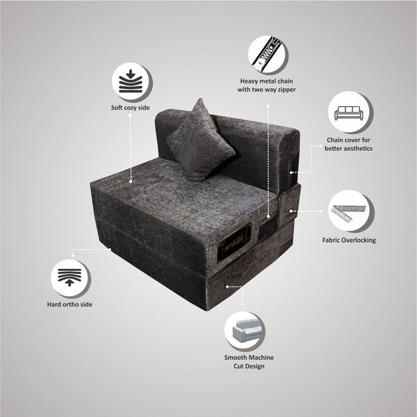Rejoice Sofa Cum Bed - 1 Seater, Plain Cushion ( Premium Molfino Fabric, Grey )