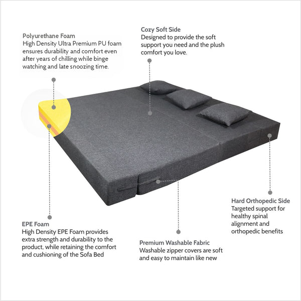 Grey Jute Fabric 6×6 Sofa cum Bed with 3 Cushion