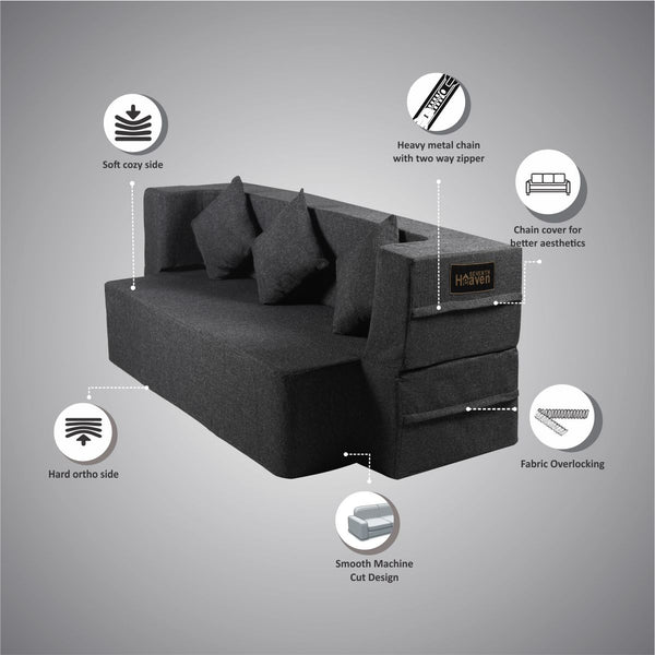 Flipper X Sofa Cum Bed - 3 Seater, Plain Cushion ( Jute Fabric, Dark Grey )