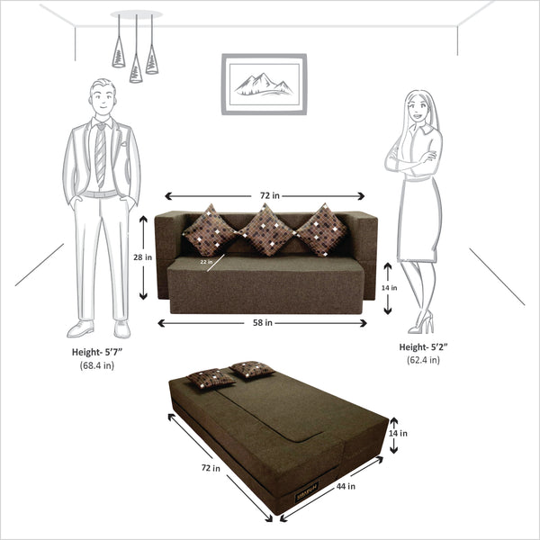 Flipper X Sofa Cum Bed - 3 Seater, Printed Cushion ( Jute Fabric, Brown )