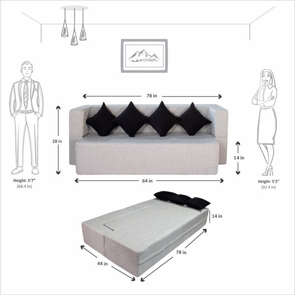 Flipper X Sofa Cum Bed Cover - 4 Seater, Black Cushion ( Jute Fabric, Light Grey )