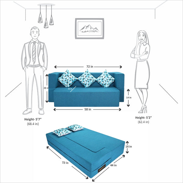 Flipper X Sofa Cum Bed - 3 Seater, Printed Cushion ( Jute Fabric, Sky Blue )