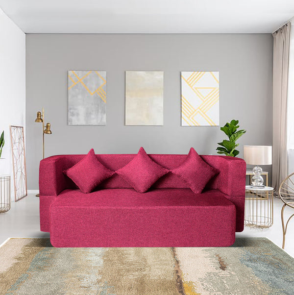 Flipper X Sofa Cum Bed - 3 Seater, Plain Cushion ( Jute Fabric, Maroon )