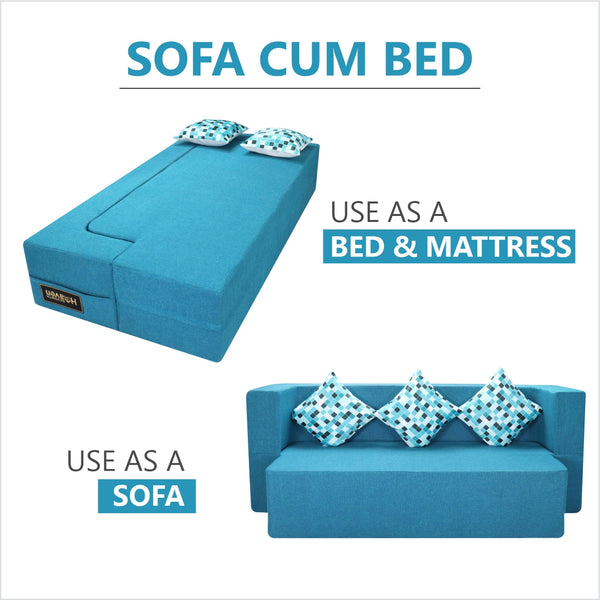 Flipper X Sofa Cum Bed - 3 Seater, Printed Cushion ( Jute Fabric, Sky Blue )