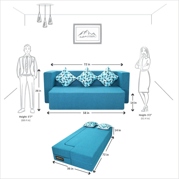 Flipper X Sofa Cum Bed - 3 Seater, Printed Cushion ( Jute Fabric, Sky Blue )