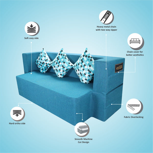 Flipper X Sofa Cum Bed - 3 Seater, Printed Cushion ( Jute Fabric, Sky Blue )