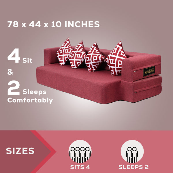 Flipper X Sofa Cum Bed - 4  Seater, Printed Cushion ( Jute Fabric, Maroon )