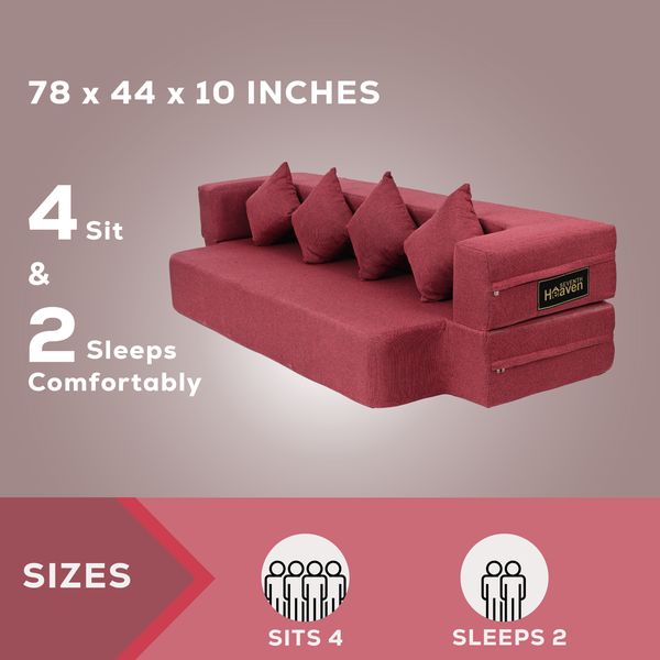 Flipper X Sofa Cum Bed - 4  Seater, Plain Cushion ( Jute Fabric, Maroon )