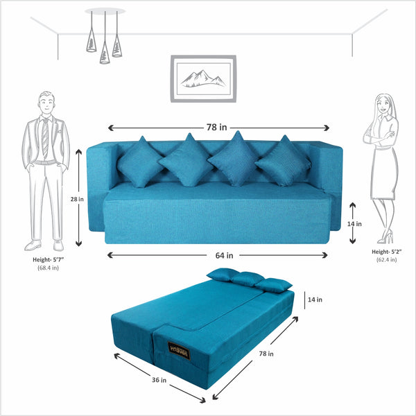 Flipper X Sofa Cum Bed - 4  Seater, Plain Cushion ( Jute Fabric, Sky Blue  )
